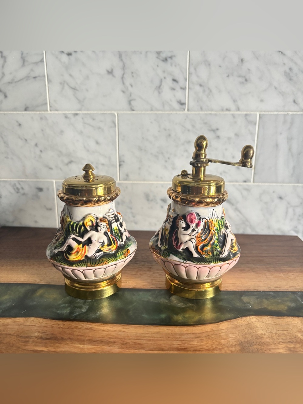Vintage Capodimonte Porcelain and Brass Salt and Pepper Mill Set, Made in Italy
